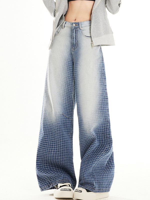 EMMIOL Retro Plaid Gradient Boyfriend Jeans