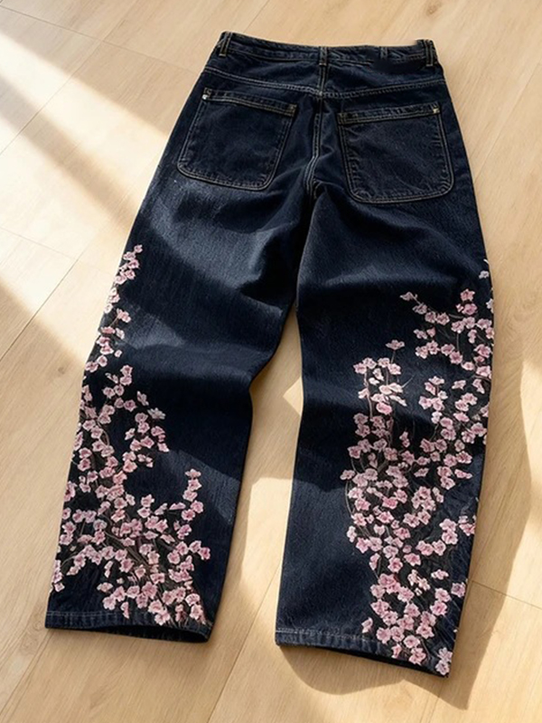 EMMIOL Vintage Plum Blossom Embroidery Boyfriend Jeans