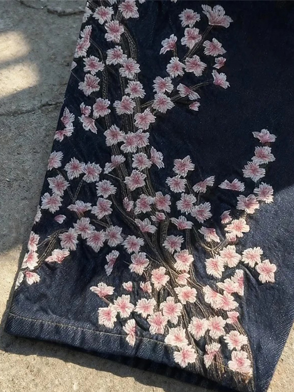 EMMIOL Vintage Plum Blossom Embroidery Boyfriend Jeans