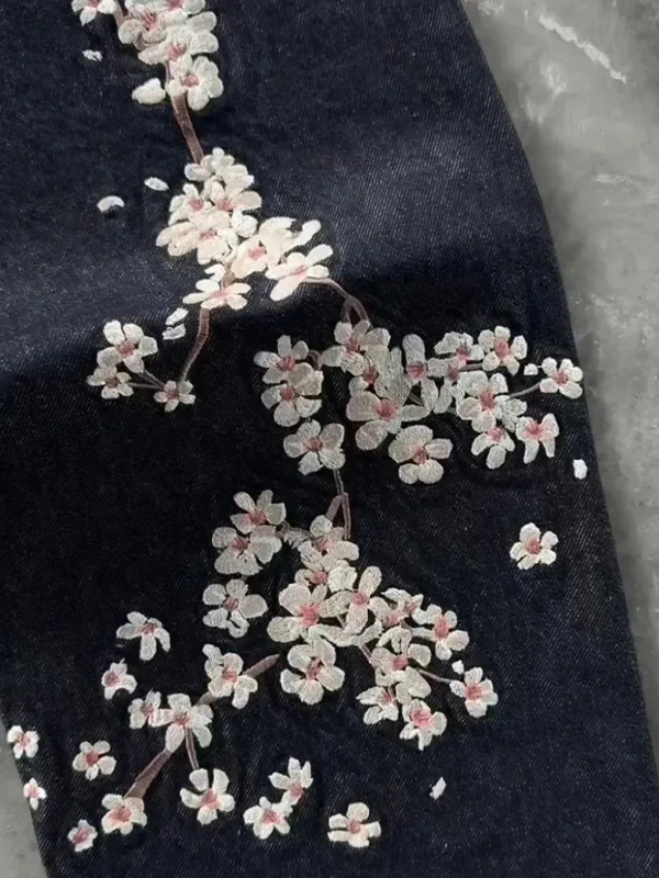 EMMIOL Vintage Plum Blossom Embroidery Boyfriend Jeans