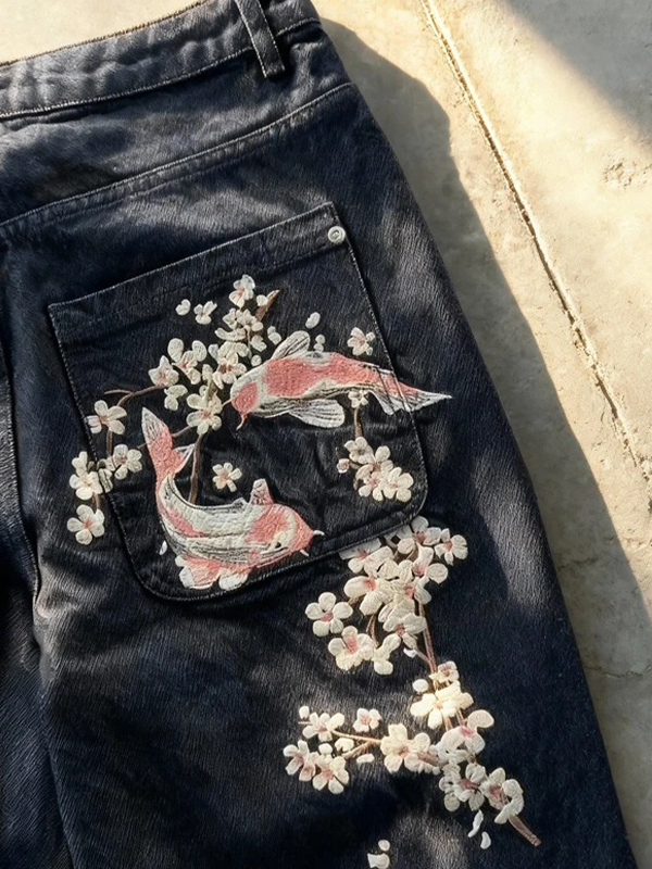 EMMIOL Vintage Plum Blossom Embroidery Boyfriend Jeans