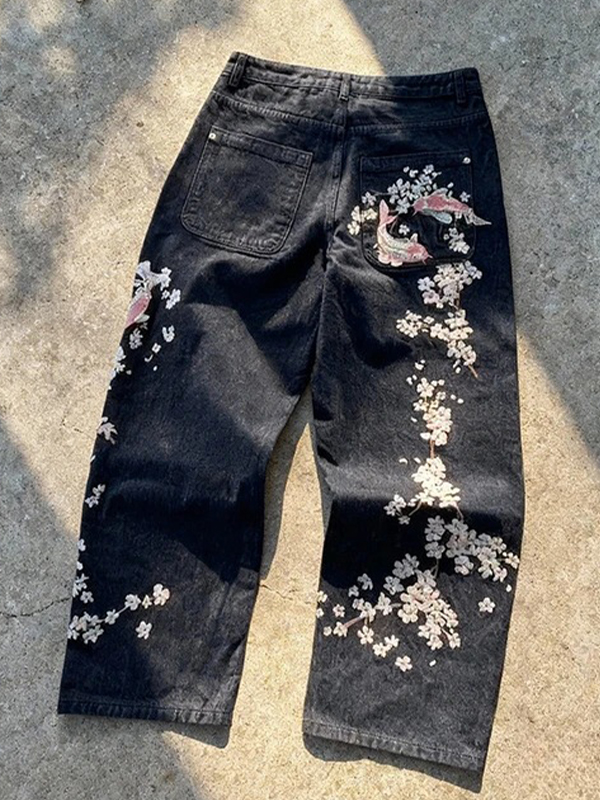EMMIOL Vintage Plum Blossom Embroidery Boyfriend Jeans