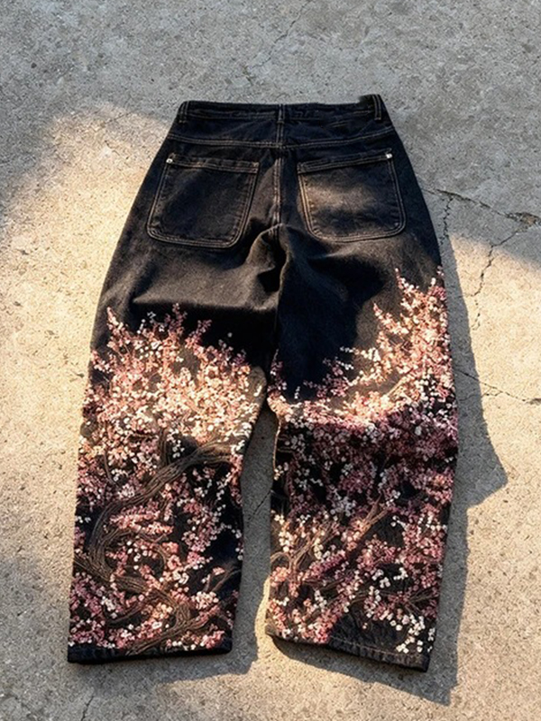 EMMIOL Vintage Plum Blossom Embroidery Boyfriend Jeans