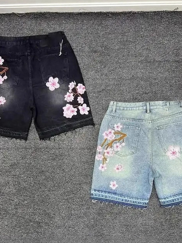 EMMIOL Cherry Blossom Embroidery Denim Shorts