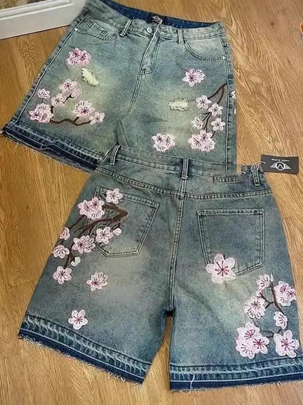 EMMIOL Cherry Blossom Embroidery Denim Shorts