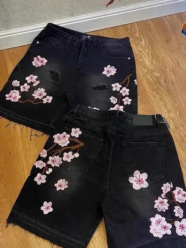 EMMIOL Cherry Blossom Embroidery Denim Shorts