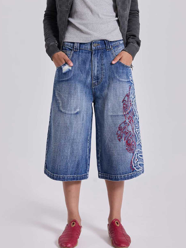 EMMIOL Pattern Embroidery Denim Shorts