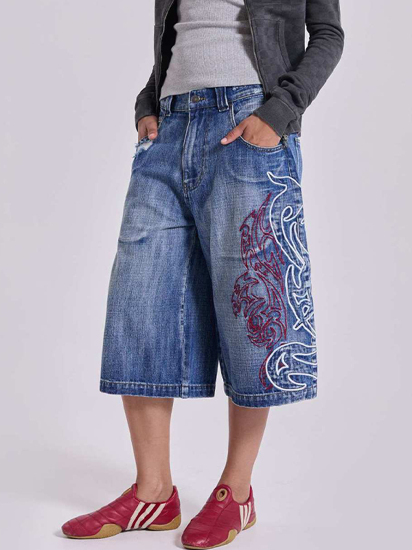 EMMIOL Pattern Embroidery Denim Shorts