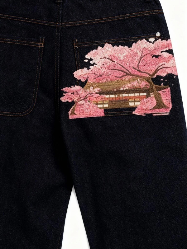 EMMIOL Cherry Blossom Embroidery Boyfriend Jeans