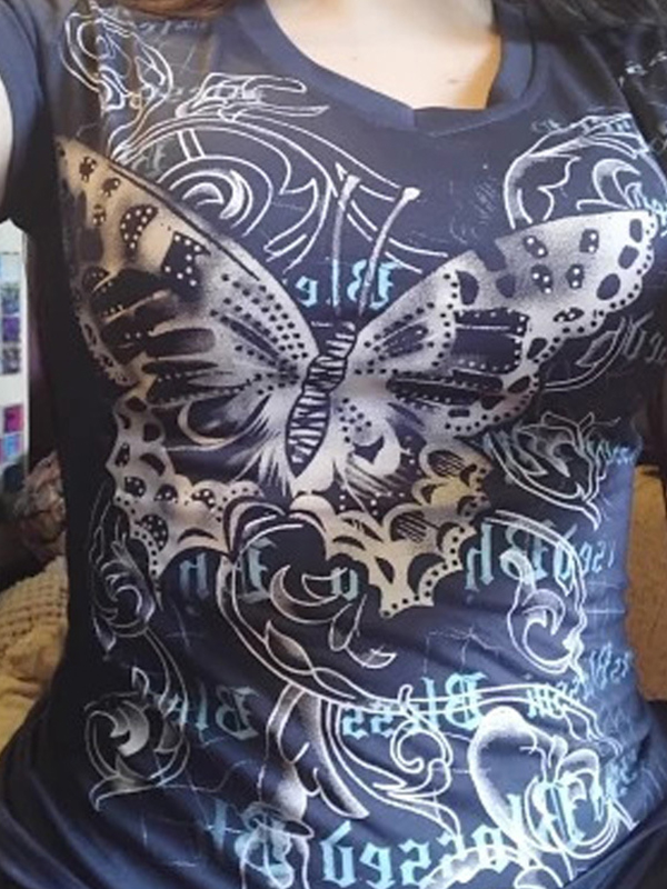 EMMIOL Manica corta con stampa a farfalla in stile gotico scuro