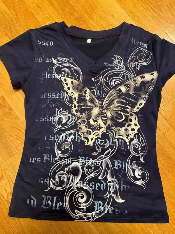 EMMIOL Manica corta con stampa a farfalla in stile gotico scuro