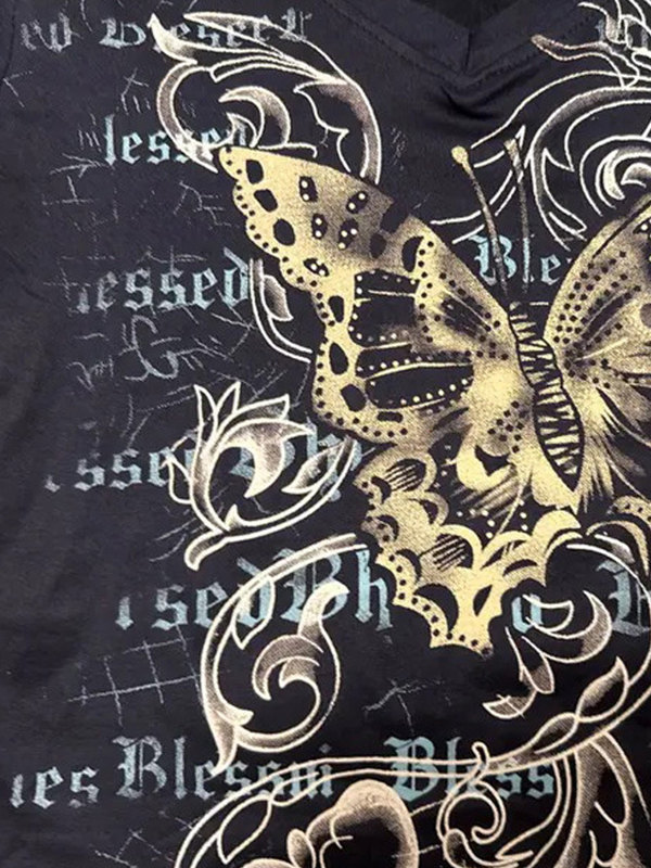 EMMIOL Manica corta con stampa a farfalla in stile gotico scuro