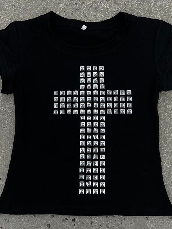 EMMIOL Stampa di strass in tinta unita Manica corta