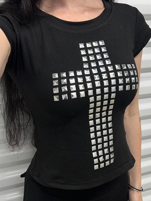 EMMIOL Stampa di strass in tinta unita Manica corta