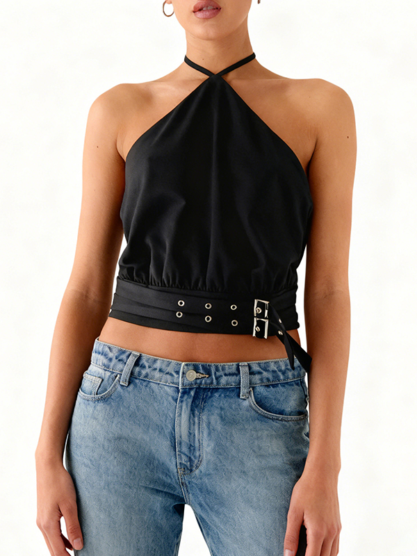 EMMIOL Backless metallic embellishment Halter Vest