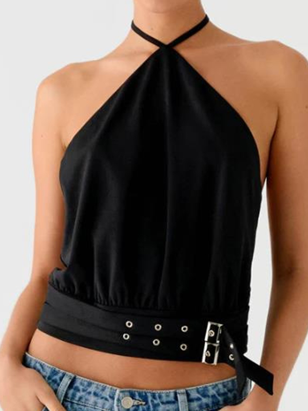 EMMIOL Backless metallic embellishment Halter Vest