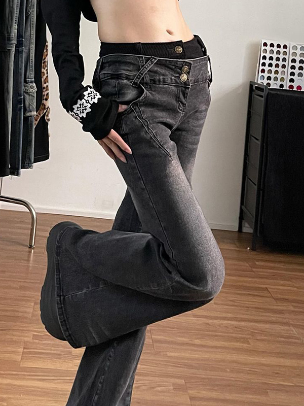 EMMIOL Vintage-Washed Distressed Finish Flare Jeans