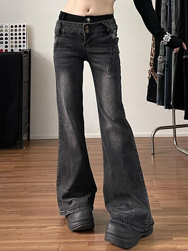 EMMIOL Vintage-Washed Distressed Finish Flare Jeans