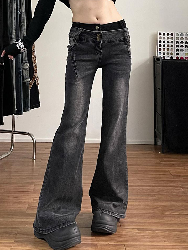 EMMIOL Vintage-Washed Distressed Finish Flare Jeans