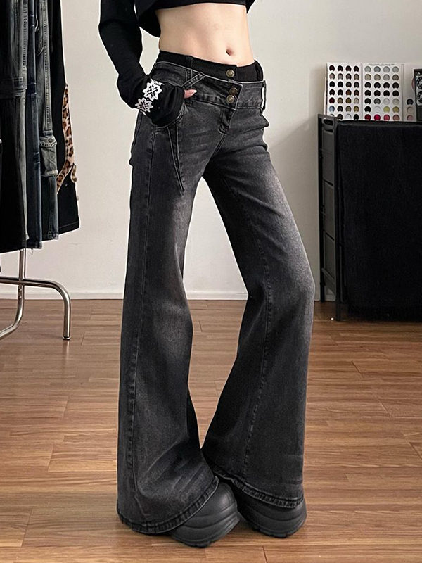 EMMIOL Vintage-Washed Distressed Finish Flare Jeans