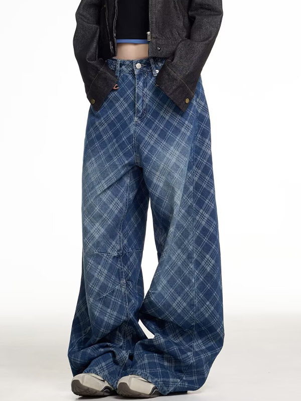 EMMIOL Ausgewaschene karierte Boyfriend-Jeans