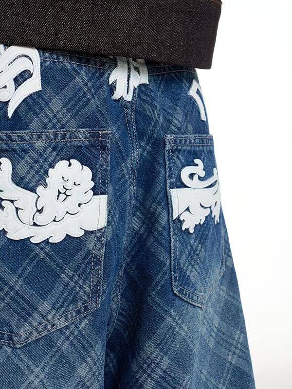 EMMIOL Ausgewaschene karierte Boyfriend-Jeans