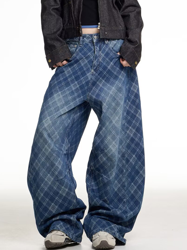 EMMIOL Ausgewaschene karierte Boyfriend-Jeans