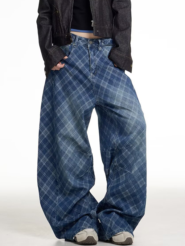 EMMIOL Ausgewaschene karierte Boyfriend-Jeans