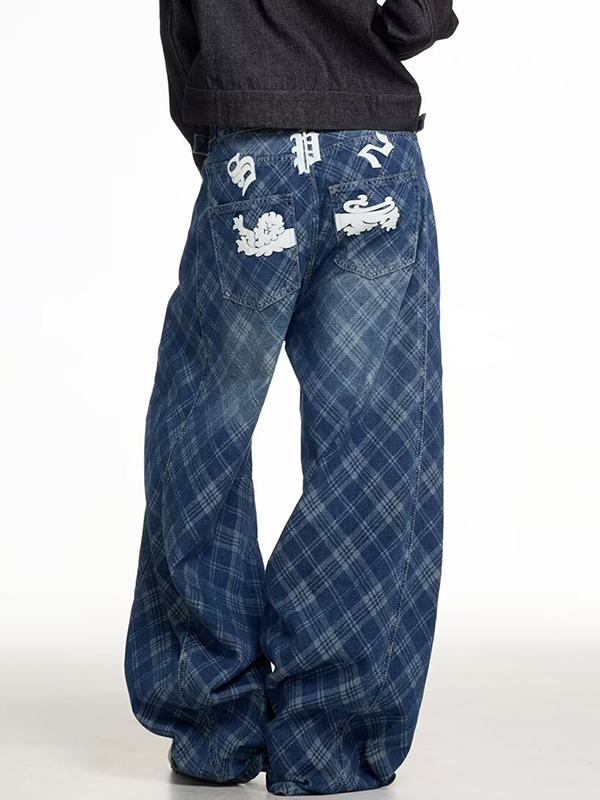 EMMIOL Ausgewaschene karierte Boyfriend-Jeans