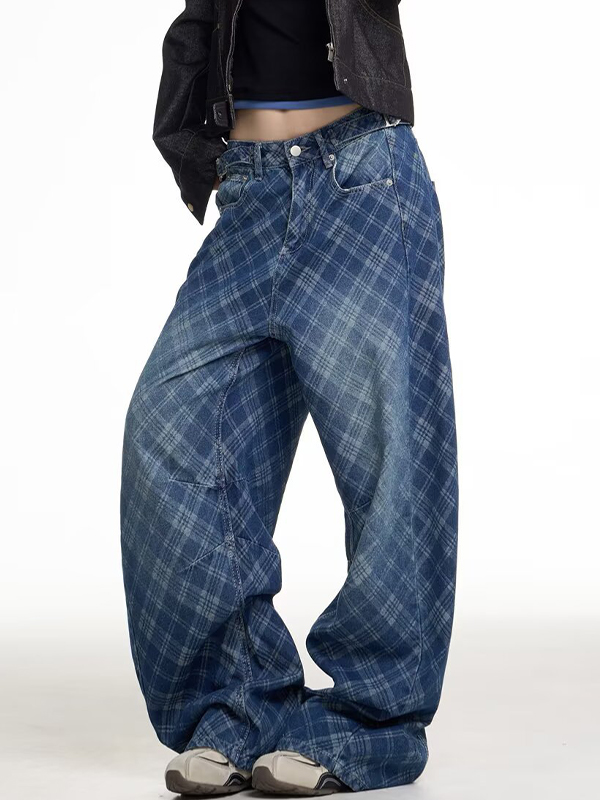 EMMIOL Ausgewaschene karierte Boyfriend-Jeans