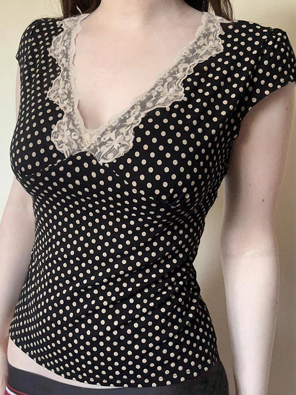 EMMIOL Encaje de lunares con escote en V profundo y manga corta