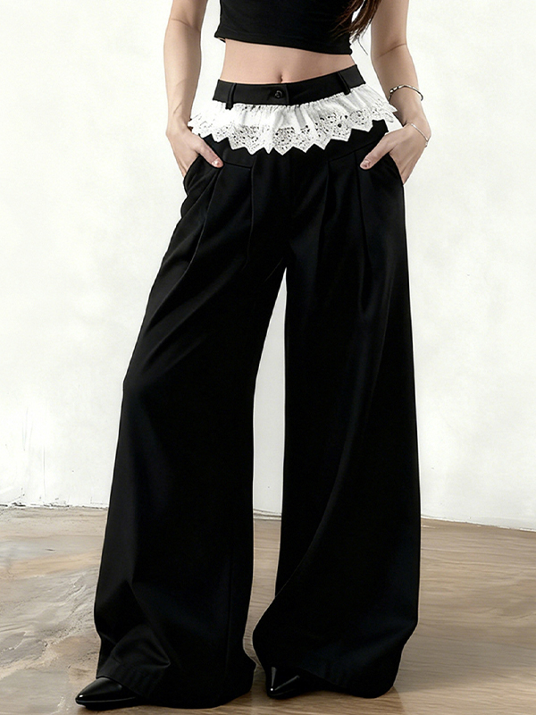 EMMIOL Pantaloni a gamba dritta con patchwork in pizzo