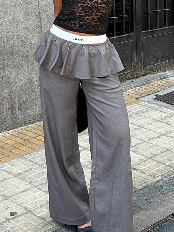 EMMIOL Pantaloni a gamba dritta con patchwork di pizzo arricciato