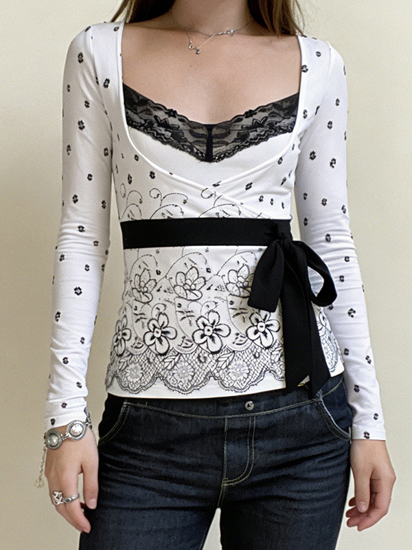 EMMIOL Faux Two-Piece Plant Print Long Sleeve