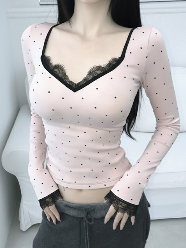 EMMIOL V-Neck Lace Patchwork Long Sleeve