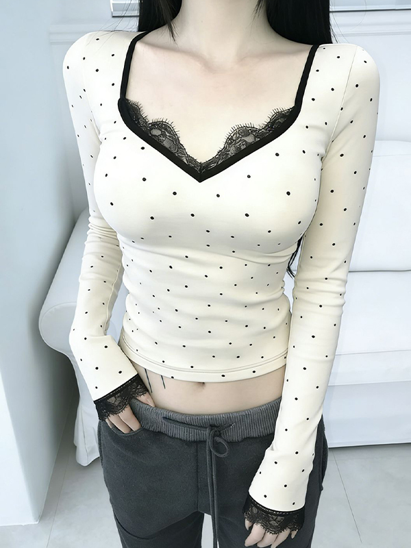 EMMIOL V-Neck Lace Patchwork Long Sleeve