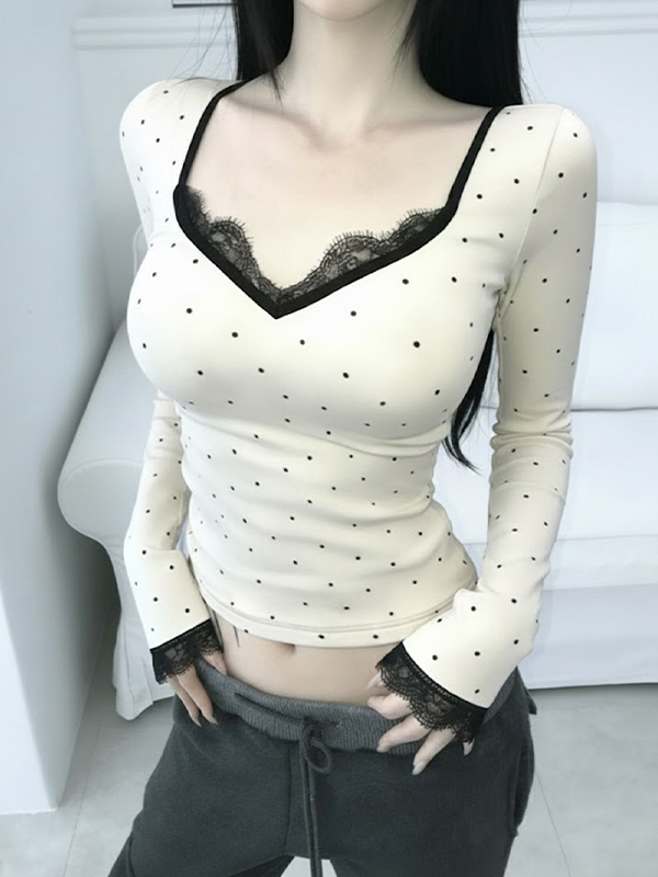 EMMIOL V-Neck Lace Patchwork Long Sleeve