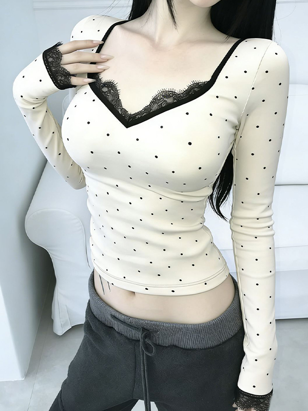 EMMIOL V-Neck Lace Patchwork Long Sleeve