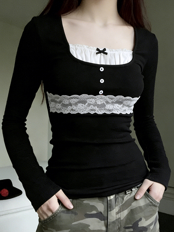 EMMIOL Lace-Trim Faux Two-Piece Long Sleeve