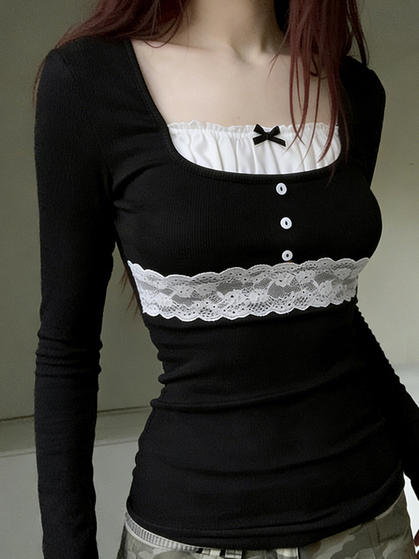 EMMIOL Lace-Trim Faux Two-Piece Long Sleeve