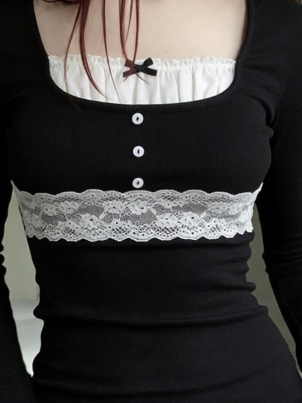 EMMIOL Lace-Trim Faux Two-Piece Long Sleeve