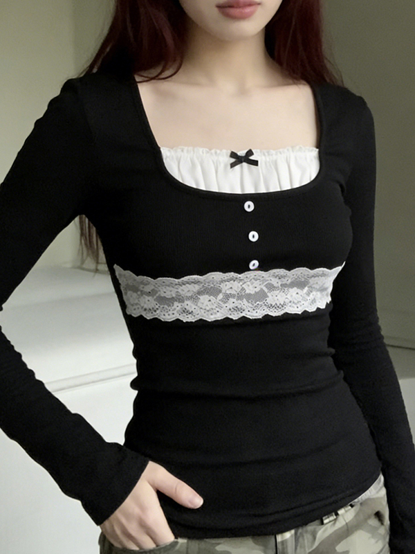 EMMIOL Lace-Trim Faux Two-Piece Long Sleeve