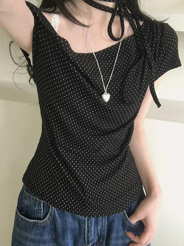 EMMIOL Polka Dot Off-Shoulder Tie-Front Short Sleeve