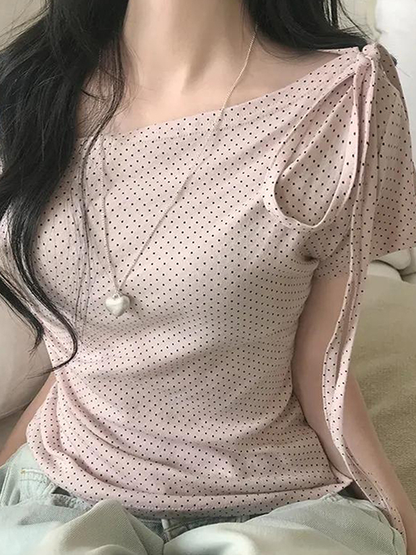 EMMIOL Polka Dot Off-Shoulder Tie-Front Short Sleeve