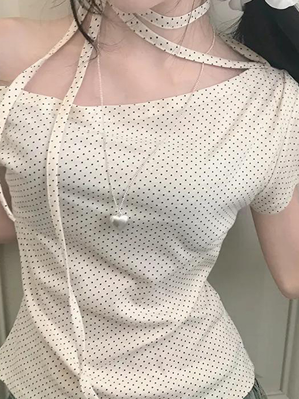 EMMIOL Polka Dot Off-Shoulder Tie-Front Short Sleeve