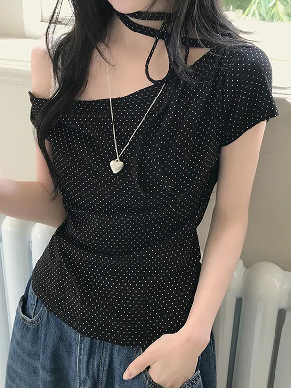EMMIOL Polka Dot Off-Shoulder Tie-Front Short Sleeve