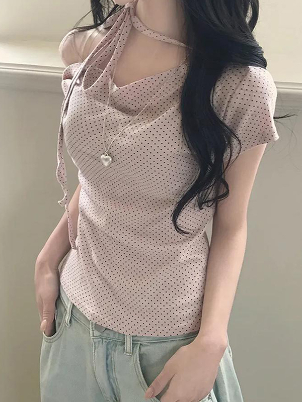 EMMIOL Polka Dot Off-Shoulder Tie-Front Short Sleeve