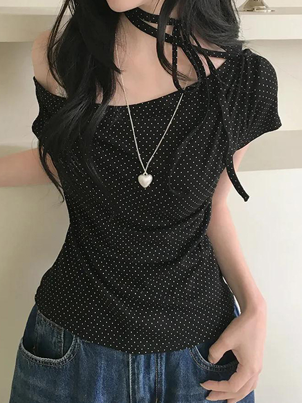 EMMIOL Polka Dot Off-Shoulder Tie-Front Short Sleeve