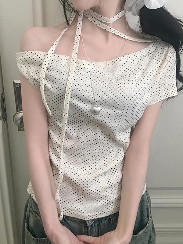 EMMIOL Polka Dot Off-Shoulder Tie-Front Short Sleeve