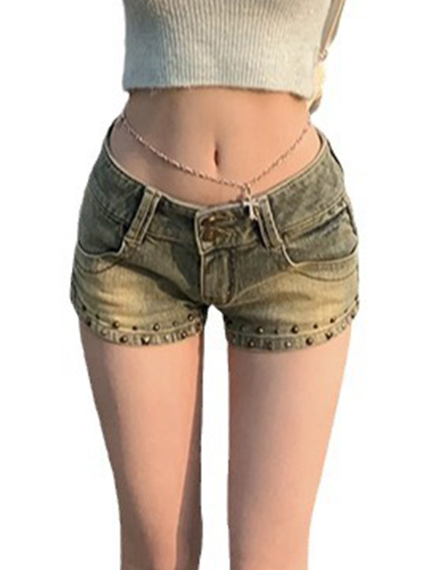 EMMIOL Vintage-Style Rivets Denim Shorts